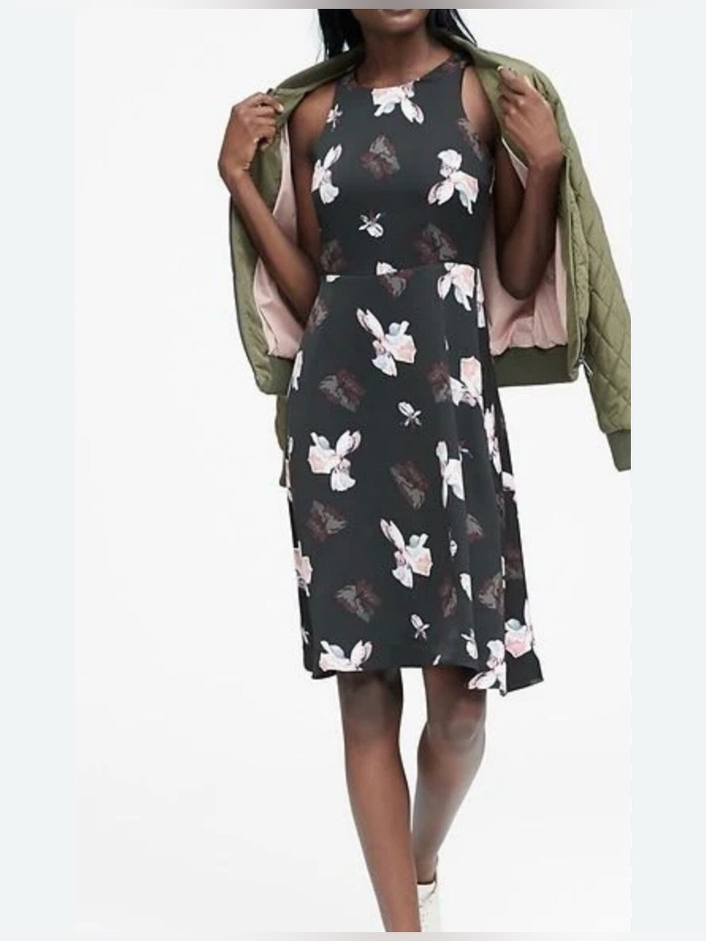 Banana Republic black floral fit and flare dress with pink and white blooms